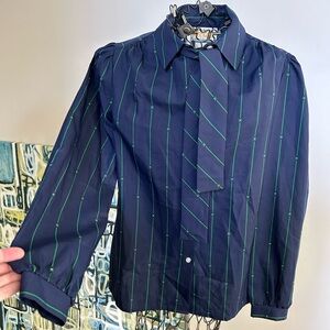 Vintage 70’s style women’s blue blouse w/ green strips & optional tie neck.